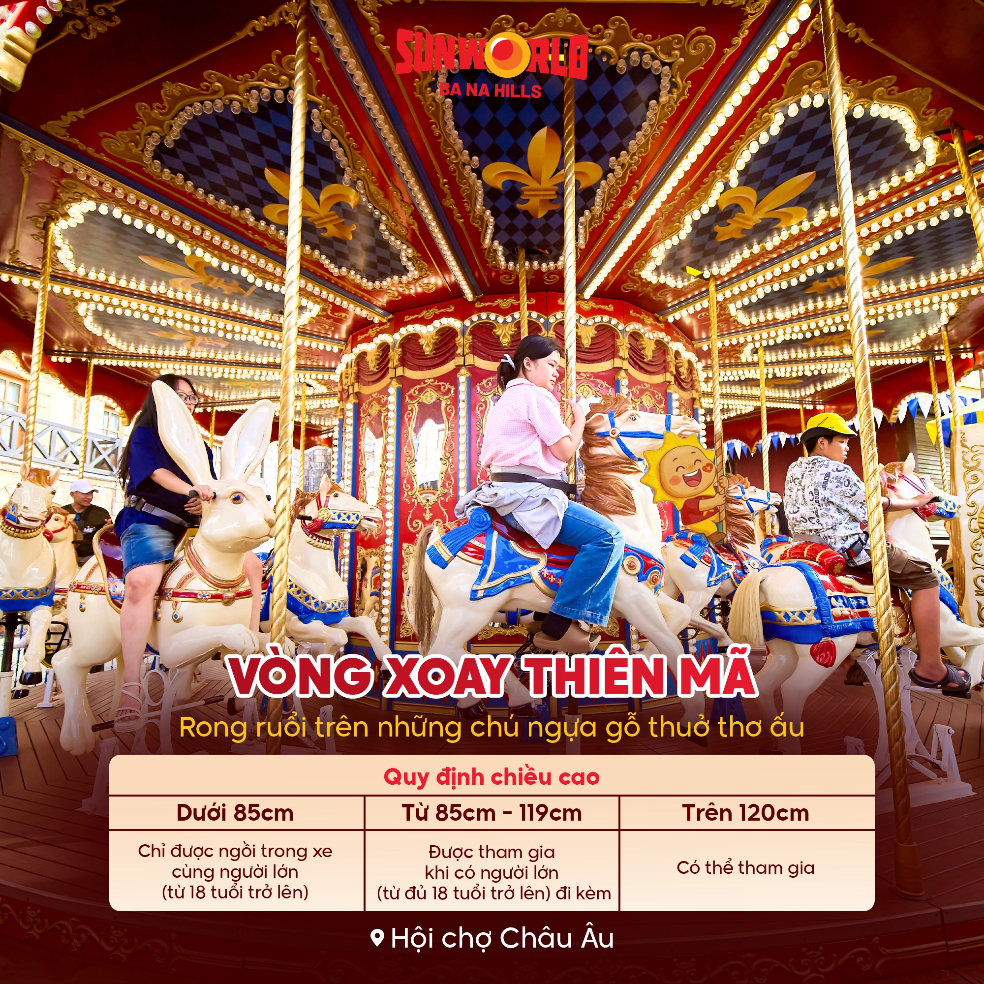 Vòng xoay thiên mã tại Bà Nà Hills, trò chơi thú vị cho trẻ em với hướng dẫn quy định chiều cao.